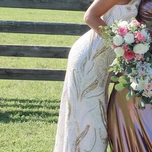 Primavera Couture White and Gold Sequin Prom Dress